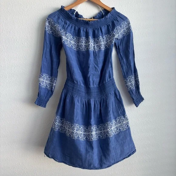 Tory Burch Loretta Blue and White Off the Shoulder Embroidered Gauze Mini Dress - Picture 2 of 10